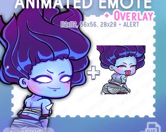 May include: Animated emote of a purple-haired character with a blue body and white eyes. The character is wearing a white bandage-like outfit. The emote is available in three sizes: 12x112, 56x56, and 28x28. The emote also includes an alert option.