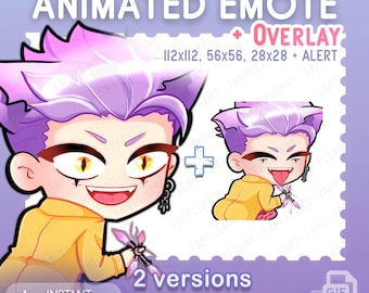 May include: Animated emote of a cartoon character with purple hair, yellow clothing, and a mischievous expression. The emote is available in two versions, with and without an overlay. The text "112x112, 56x56, 28x28 + ALERT" is also included in the image.