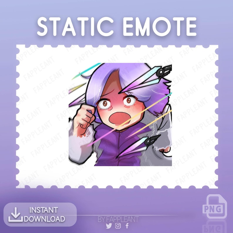May include: A purple-haired cartoon character with a surprised expression is surrounded by colorful, sharp objects. The character is wearing a purple and white outfit and has a white background.