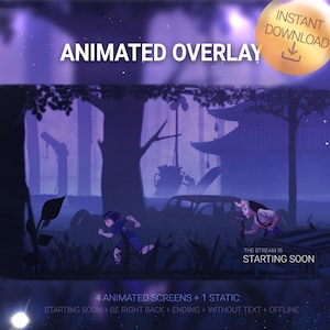 Animowana nakładka z horroru „Ocalały ścigany przez zabójcę” do streamowania na Twitchu | Ekran streamu z fioletowym fanartem