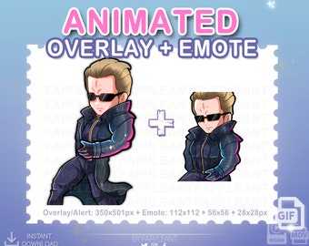 Può includere: Sovrapposizione animata ed emote con un personaggio dei cartoni animati con capelli neri, occhiali da sole e una giacca nera. La sovrapposizione è di 350x501 pixel e l'emote è di 112x112 pixel, 56x56 pixel e 28x28 pixel.