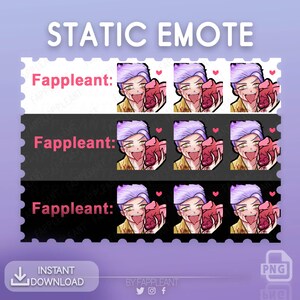 Op de afbeelding: Een set van negen statische emotes met een paarshaarig personage met een ondeugende grijns, die een bloedig hart vasthoudt. De emotes zijn gerangschikt in drie rijen van drie, waarbij elke rij een andere achtergrondkleur heeft: wit, zwart en geel. De tekst "Fappleant:" staat boven elke rij.