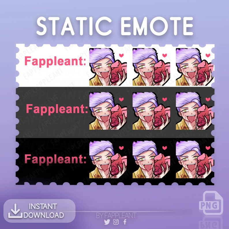 Op de afbeelding: Een set van negen statische emotes met een paarshaarig personage met een ondeugende grijns, die een bloedig hart vasthoudt. De emotes zijn gerangschikt in drie rijen van drie, waarbij elke rij een andere achtergrondkleur heeft: wit, zwart en geel. De tekst "Fappleant:" staat boven elke rij.