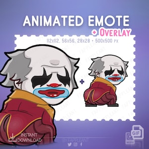 Pode incluir: Sobreposição de emote animado com um palhaço de desenho animado com uma expressão triste. O palhaço tem cabelo cinza, maquiagem preta nos olhos, um nariz vermelho e uma boca azul e vermelha. Inclui o texto "ANIMATED EMOTE + OVERLAY".