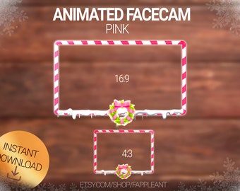 ANIMATED Christmas Webcam overlay PINK,  Candy cane facecam border for twitch