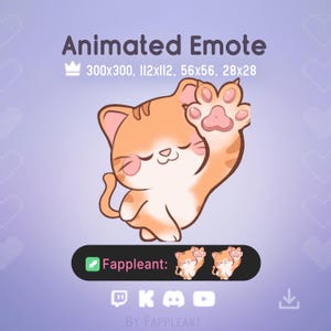 May include: An animated digital emote featuring a light orange tabby cat with closed eyes and pink cheeks, waving one paw with visible pink paw pads. The text reads Animated Emote, 300x300, 112x112, 56x56, 28x28, and Fappleant with two small cat icons.