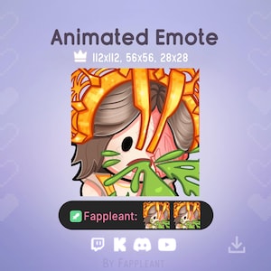 Puede incluir: Un emote animado que muestra a un personaje de cabello castaño con una gran corona dorada de puntas. El personaje tiene enredaderas verdes con hojas sobre el rostro y los hombros. El texto dice Animated Emote, 112x112, 56x56, 28x28 y Fappleant.