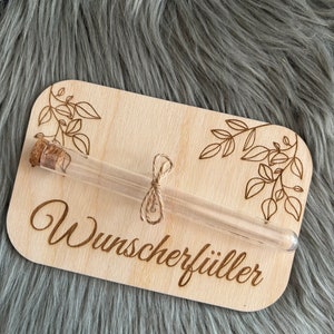 Wunscherfüller Geldgeschenk Geldverpackung Geld Reagenzglas Holzkarte Lasergravur Holz Gravur Geschenk Konfirmation Hochzeit Geburtstag