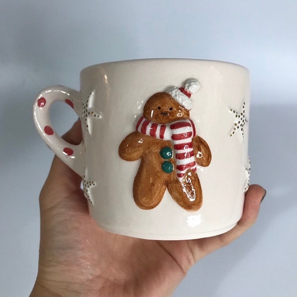 Tasse à café en céramique en forme de pain d'épice - Cadeaux uniques de poterie faite main pour le Nouvel An - Mugs de Noël - Mugs de vacances colorés et amusants - Mug d'hiver