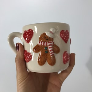 Lovely Gingerbread Ceramic Coffee Mug - Unique Handmade Pottery Valentines Day Gifts - Winter Mugs - Colorful and Funny  Mugs - Love Mug