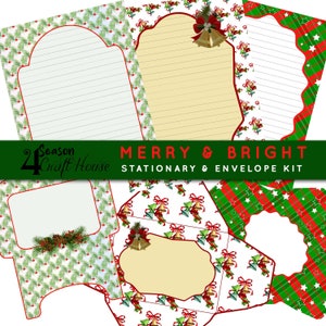 Merry & Bright Printable Christmas Stationary and Envelope Digital Kit Lined Unlined Writing Paper Background Bundle