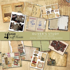 Peut inclure: Un ensemble d'éléments de kit de journal numérique de style vintage. L'image présente des éphémères en papier vieilli, notamment des pages de registre, des couvertures de livres et des étiquettes décoratives. Le texte sur l'image se lit "OLIVER'S STUDY BOOKS AND LEDGERS DIGITAL JUNK JOURNAL KIT AND BUNDLE."
