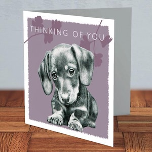 Carte teckel pensant à vous, chien saucisse, maman teckel, papa teckel, carte pour elle, carte pour lui, fête de chien, amant de teckel