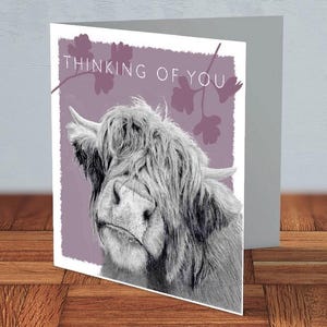 Vache des montagnes - pensée de vous carte de vœux | amoureux des animaux, carte attentionnée, carte pour elle, carte pour lui, carte pensées vache avec vous