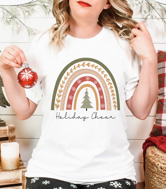 Christmas Boho Tshirt Women's Christmas Shirt, Vintage Boho Rainbow Holiday Cheer Shirt, Christmas Shirt, Retro Boho Tee Holiday Shirt