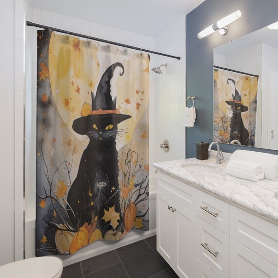 Whimsical Feline Folly - Cat Shower Curtain - Halloween Ghostly Cat Decor - Unique Bathroom Gift for Cat Lovers