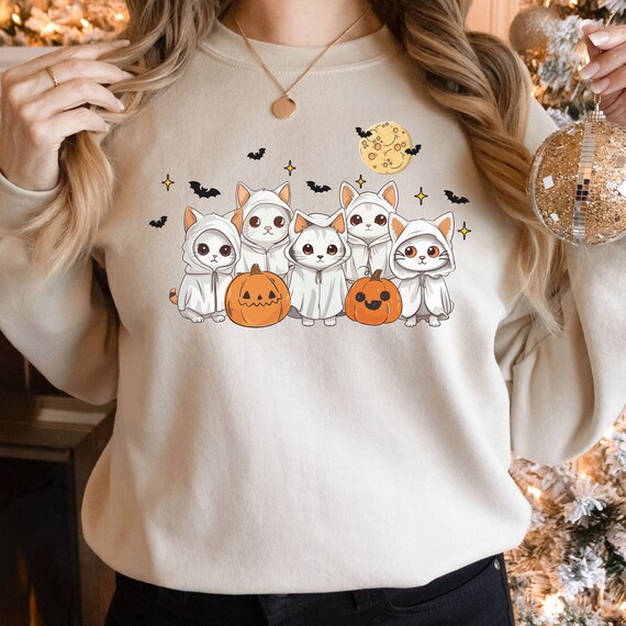 Cat Halloween Shirt, Spooky Halloween Sweatshirt, Black Cat Shirt with Ghost, Cool Halloween Cat Shirt, Cat Lover Tshirt, Halloween Sweater