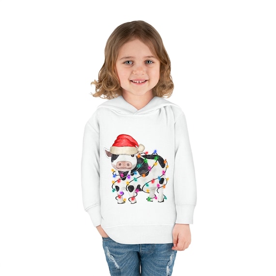 Toddler Pullover Fleece Hoodie | Christmas Hoodie | Toddler Cow Christmas Lights Hoodie | Tis the Season Cow Sweatshirt Toddler Hoodie