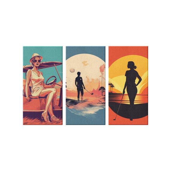 Vintage Golf Canvas Wall Art | 3-Piece Retro Abstract Golfing Decor | Featuring Classic Man and Woman | Unique Golf Gift | Sports Wall Decor