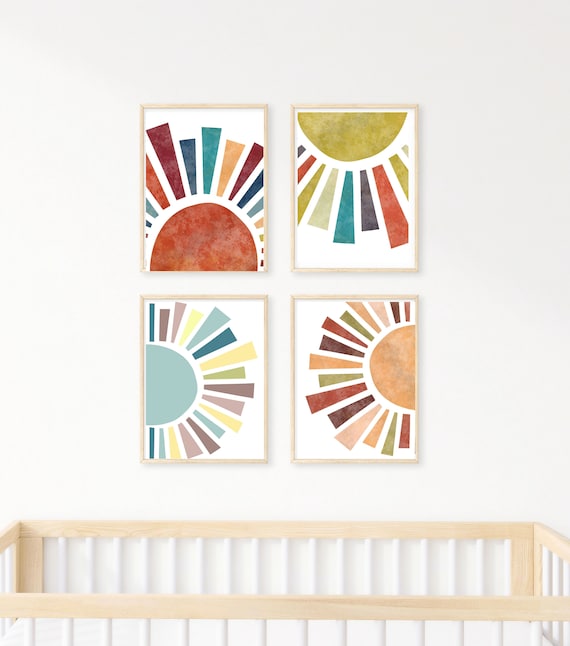 Boho Sun Wall Art Print Set of 4 - Instant Download Nursery Decor - Boho Prints for Kids Room and Nursery - Printable Bohemian Artwork