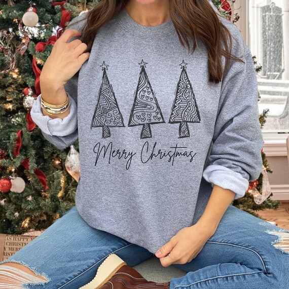 Christmas Tree Sweatshirt, Xmas Trees Shirt, Happy Holidays Shirt for Women, Drawing Christmas Trees Boho Sweatshirt, Merry Christmas Shirt