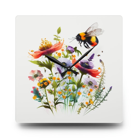 Buzzing Blooms, Unique Acrylic Clock with Wildflower and Bumble Bee Design, Rustic Home Decor, Gift for Nature Lovers, Wildflower home decor