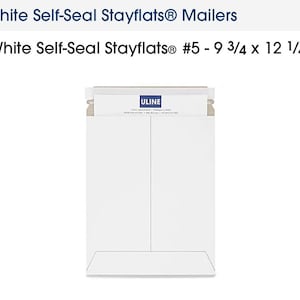 May include: White self-seal Stayflats mailers, size #5, measuring 9 3/4 x 12 1/4 inches. The mailers are white and feature the ULINE logo. The product is designed for secure packaging and shipping.