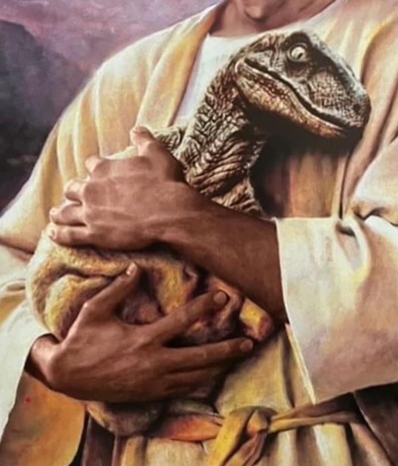 May include: A digital art print depicts a person in a cream-colored robe cradling a dinosaur. The dinosaur has a textured, gray head and a tan body. The person's hands are visible, holding the dinosaur close. The background is a soft, blurred wash of color.