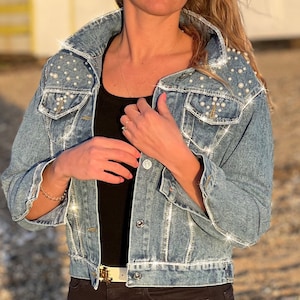 DIAMANTE TRIM Custom Pearl & Rhinestone Denim Jacket, Bridal Denim Jacket, Mrs Jacket, Denim Jacket, Wedding Denim Jacket,Personalised Denim
