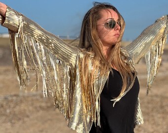 Tassel Sequin Jacket, GOLD Jacket, Sequin Fringed Jacket, Festival, Tinsel Jacket