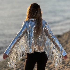 Tassel Sequin Jacket, Silver Jacket, Sequin Fringed Jacket, Festival, Tinsel Jacket image 1