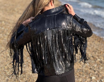 Tassel Sequin Jacket, Black Sequin Jacket, Sequin Fringed Jacket, Festival, Tinsel Jacket