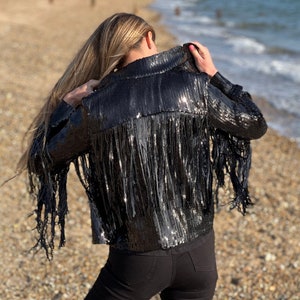 Tassel Sequin Jacket, Black Sequin Jacket, Sequin Fringed Jacket, Festival, Tinsel Jacket