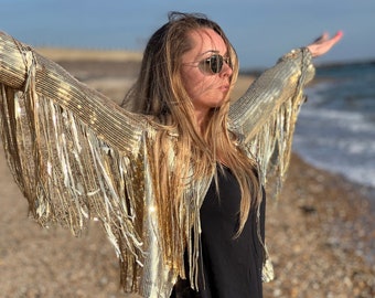 Free Personalisation, Tassel Sequin Jacket, GOLD Jacket, Sequin Fringed Jacket, Festival, Tinsel Jacket