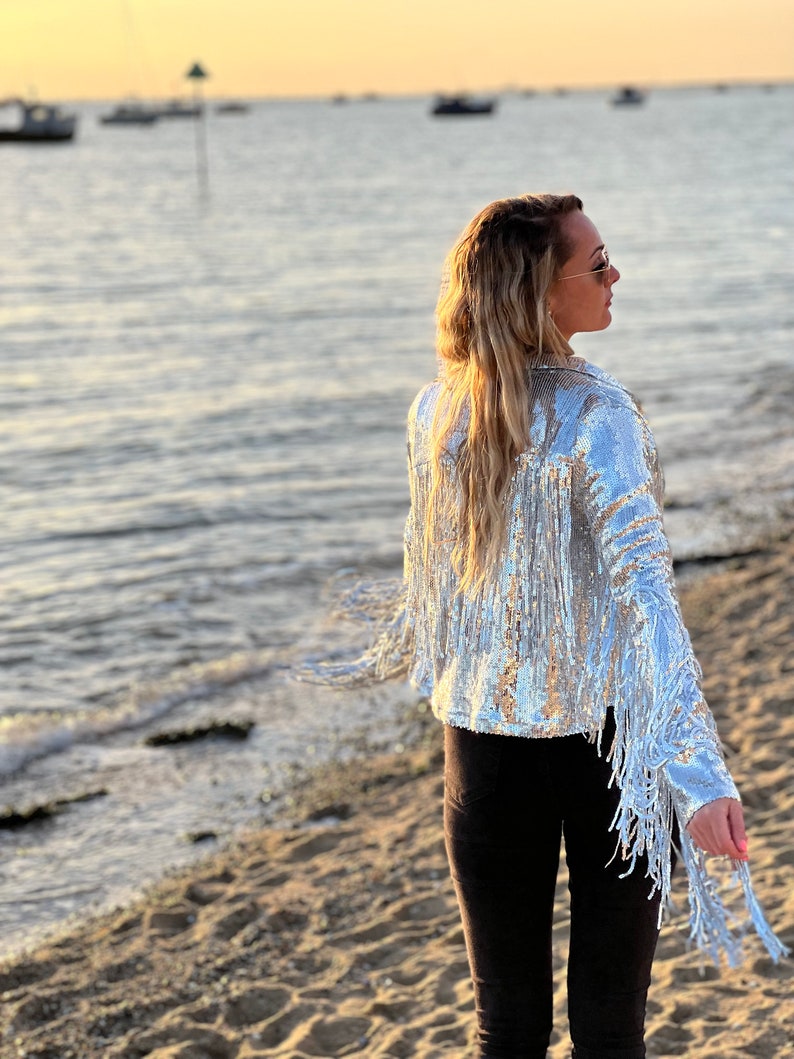 Tassel Sequin Jacket, Silver Jacket, Sequin Fringed Jacket, Festival, Tinsel Jacket image 2