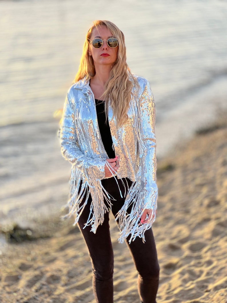 Tassel Sequin Jacket, Silver Jacket, Sequin Fringed Jacket, Festival, Tinsel Jacket image 9