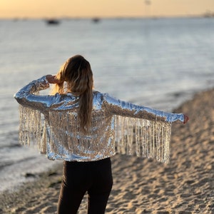 Tassel Sequin Jacket, Silver Jacket, Sequin Fringed Jacket, Festival, Tinsel Jacket image 3