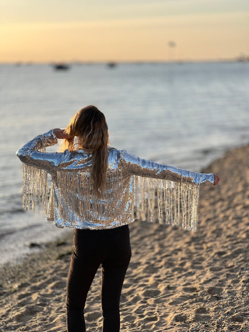 Tassel Sequin Jacket, Silver Jacket, Sequin Fringed Jacket, Festival, Tinsel Jacket image 3