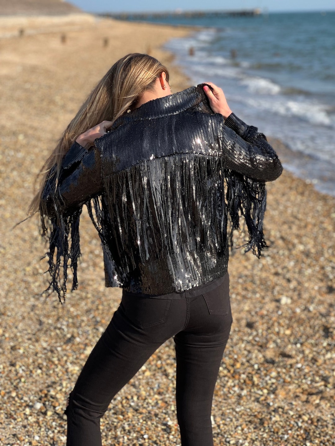 Tassel Sequin Jacket, Black Sequin Jacket, Sequin Fringed Jacket