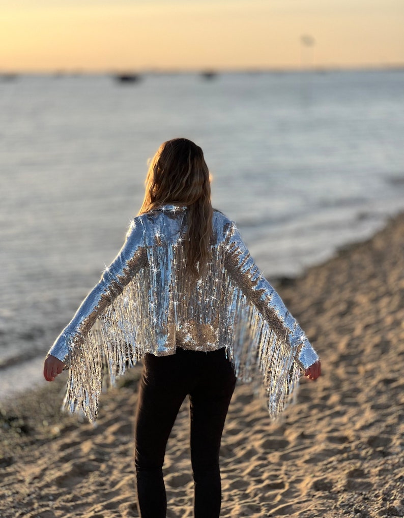 Tassel Sequin Jacket, Silver Jacket, Sequin Fringed Jacket, Festival, Tinsel Jacket image 1