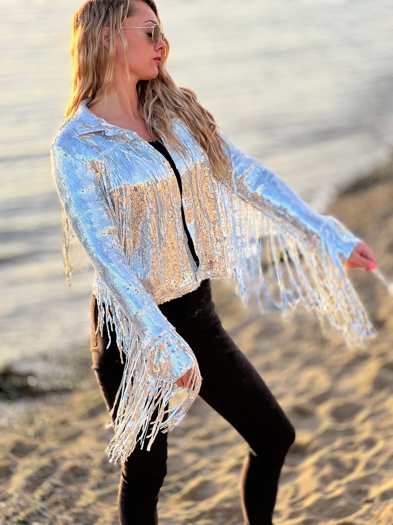Tassel Sequin Jacket Silver Jacket Sequin Fringed Jacket Etsy