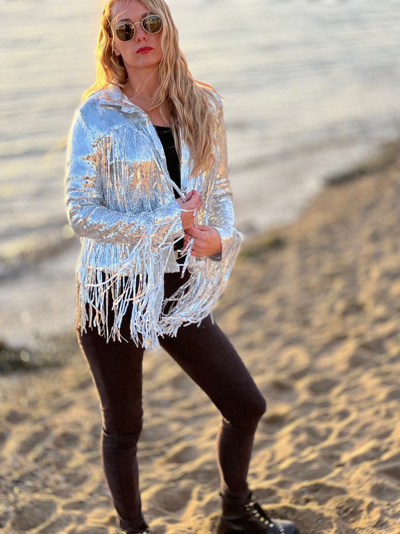 Tassel Sequin Jacket, Silver Jacket, Sequin Fringed Jacket, Festival, Tinsel Jacket image 8