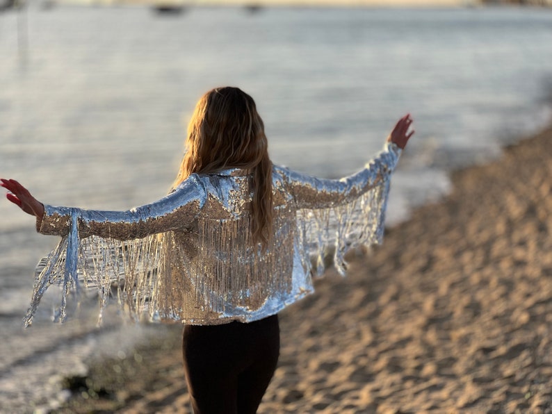 Tassel Sequin Jacket, Silver Jacket, Sequin Fringed Jacket, Festival, Tinsel Jacket image 5