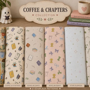May include: Six folded fabric bolts featuring the Coffee & Chapters collection. Patterns include a ghost reading with books and coffee, scattered books, colourful bows, simple stars, and green vines on cream, pink, and light blue backgrounds.