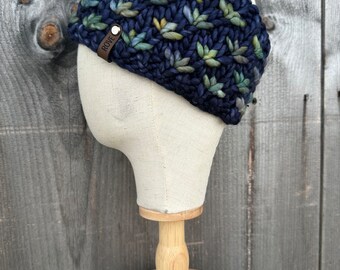 Merino Wool Headband / dark blue background, green/blue/purple accents/ Ear Warmer / Ships Free in 1-2 Days