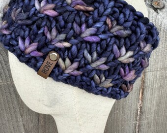 Merino Wool Headband / dark blue background, purple/blue/green  accents/ Ear Warmer / Ships Free in 1-2 Days