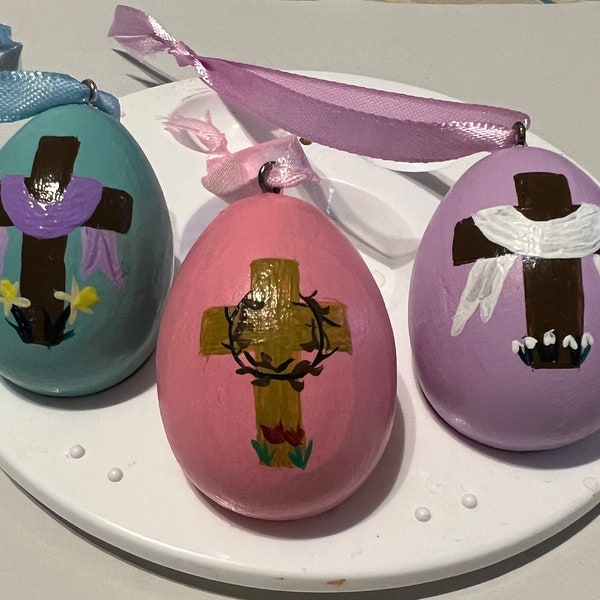 Hand painted Easter tree mini wooden egg decorations - 3 cross