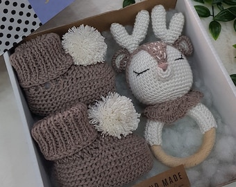 Stuffed Deer Toy, Crochet Rattle & Booties, Gift for Pregnancy Friend, New Baby Gift Box, Knitted Toys Deer, Expecting Mom Gift