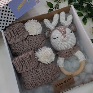 Stuffed Deer Toy, Crochet Rattle & Booties, Gift for Pregnancy Friend, New Baby Gift Box, Knitted Toys Deer, Expecting Mom Gift