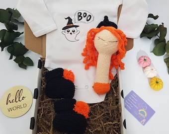 Halloween Themed Baby Gift, Halloween Baby Shower Gift, Sweet Witch Rattle, Baby Bodysuit, Crochet Booties